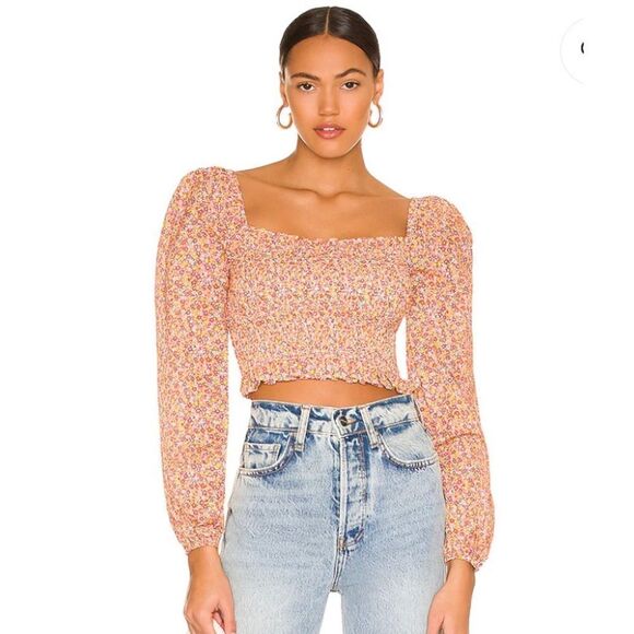 MinkPink floral smocked long sleeve crop top NWT - Picture 1 of 9